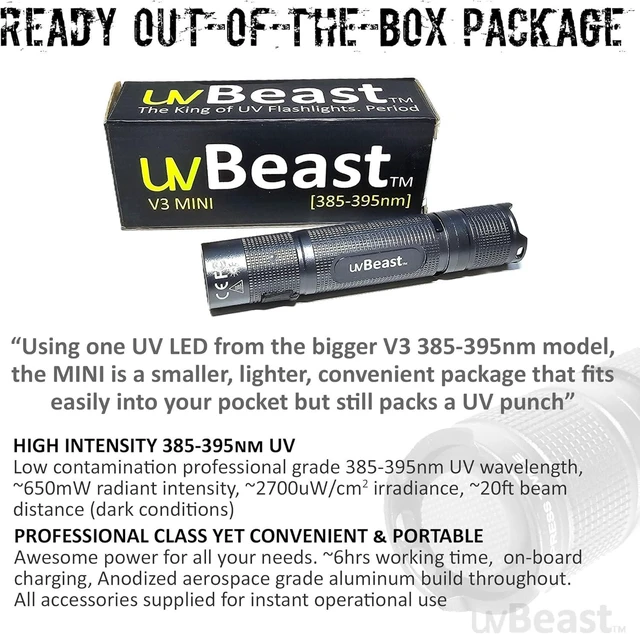 Alt view image 7 of 7 - New V3 Mini 385-395nm Black Light UV Flashlight, Low Contamination Ultraviolet, Professional-Grade High-Power 5-Core UV LED, USA Stock