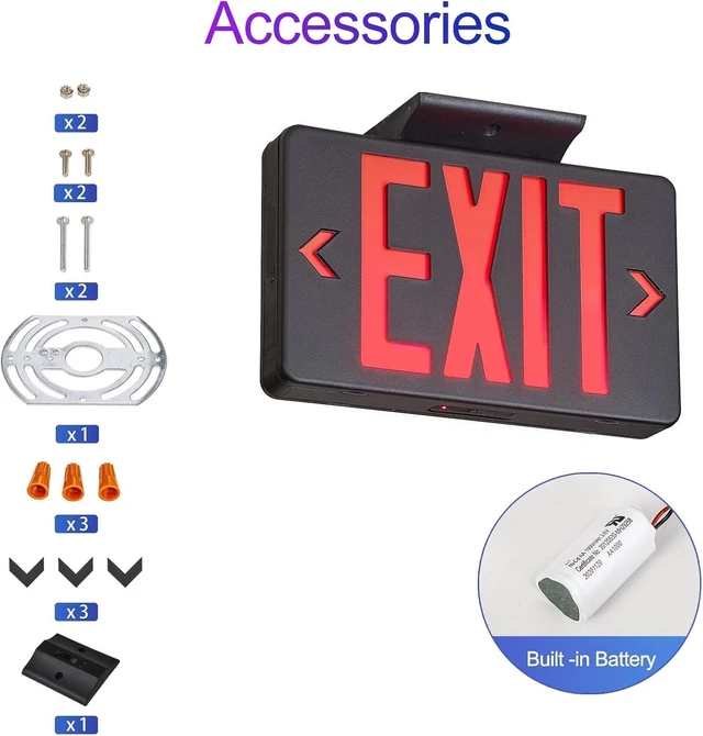 Alt view image 3 of 6 - Red Exit Sign with Black Housing, LED Emergency Light with Battery Backup, UL Listed, AC 120/277V, Commercial Lights for Business, 2-Pack