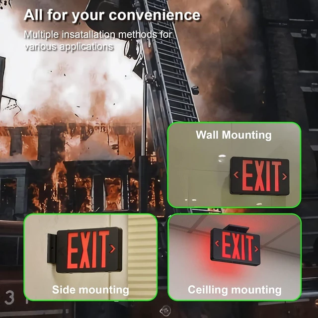 Alt view image 5 of 6 - Red Exit Sign with Black Housing, LED Emergency Light with Battery Backup, UL Listed, AC 120/277V, Commercial Lights for Business, 2-Pack