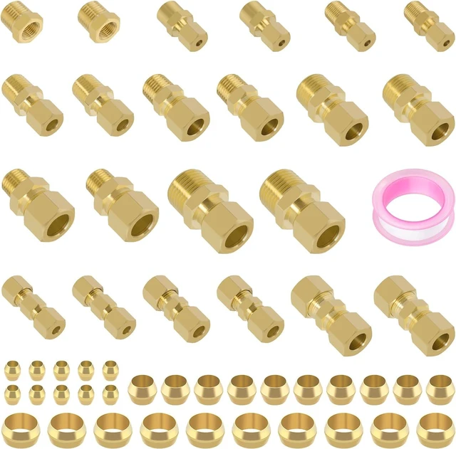 Main image of 53 Pcs Brass Compression Fittings Assortment Kit 1/8" 3/16" 1/4" 3/8" 1/2" OD Tube & NPT Thread Unions, Connectors, Sleeves & Ferrules