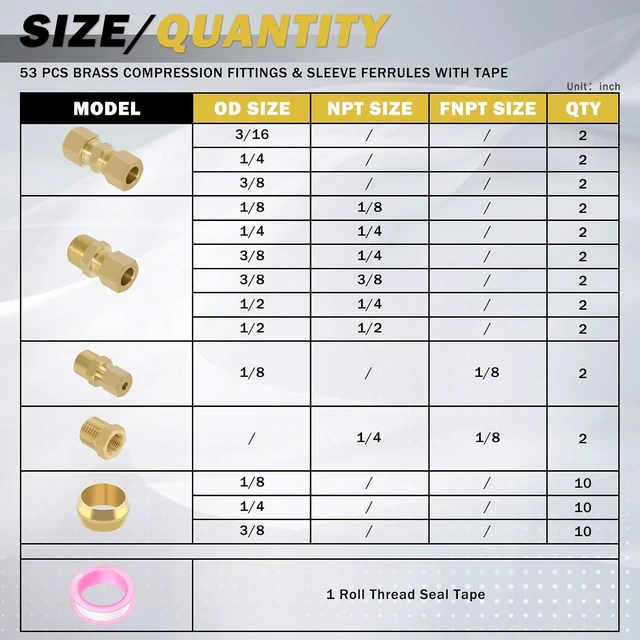 Alt view image 2 of 7 - 53 Pcs Brass Compression Fittings Assortment Kit 1/8" 3/16" 1/4" 3/8" 1/2" OD Tube & NPT Thread Unions, Connectors, Sleeves & Ferrules