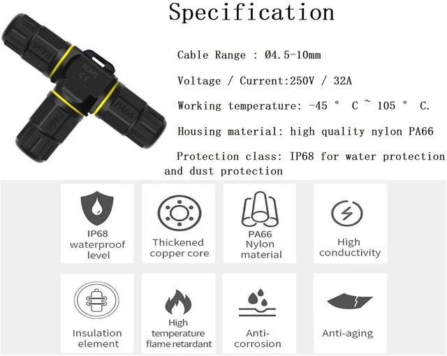 Alt view image 4 of 6 - IP68 Waterproof 3 Way / 3 Pin Junction Box, Outdoor Cable Connector for Underground/Outdoor Ø0.18-0.4in, Shielded Field Installable 4Pack