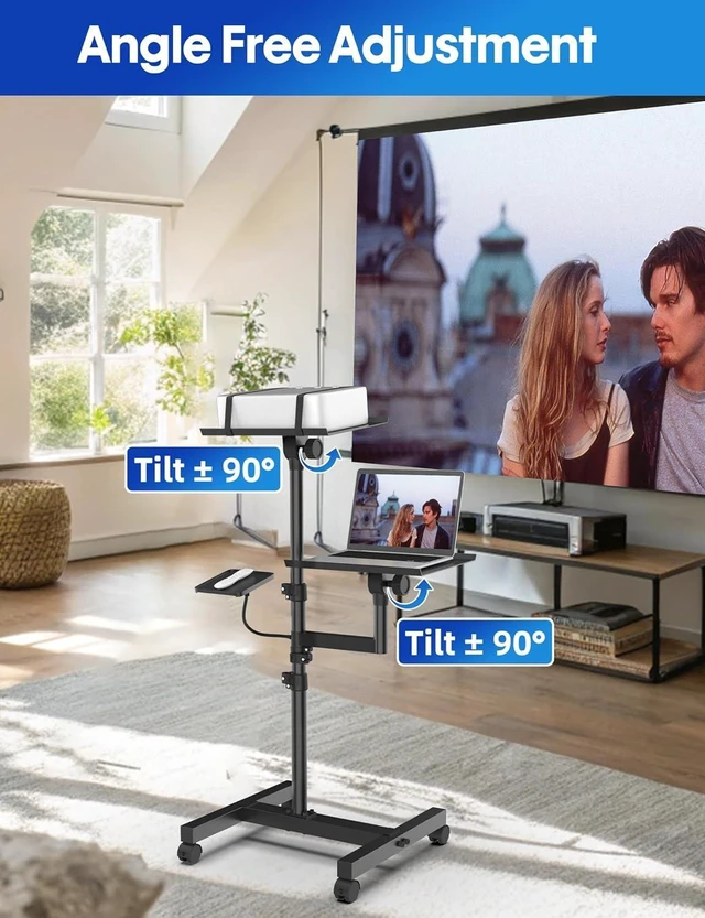 Alt view image 2 of 7 - Projector & Laptop Stand Tripod with 2 Shelves Max 47" Adjustable Laptop Cart on Wheels, Floor Stand with Ventilated Tray for Podium, Meeting & Couch