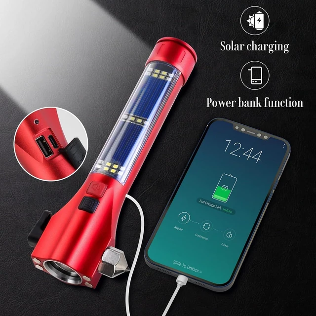 Alt view image 5 of 7 - Multifunction Solar Car Emergency Flashlight Window Breaker, Seatbelt Cutter, Waterproof LED Rechargeable Solar Powered Flashlight for Outdoor