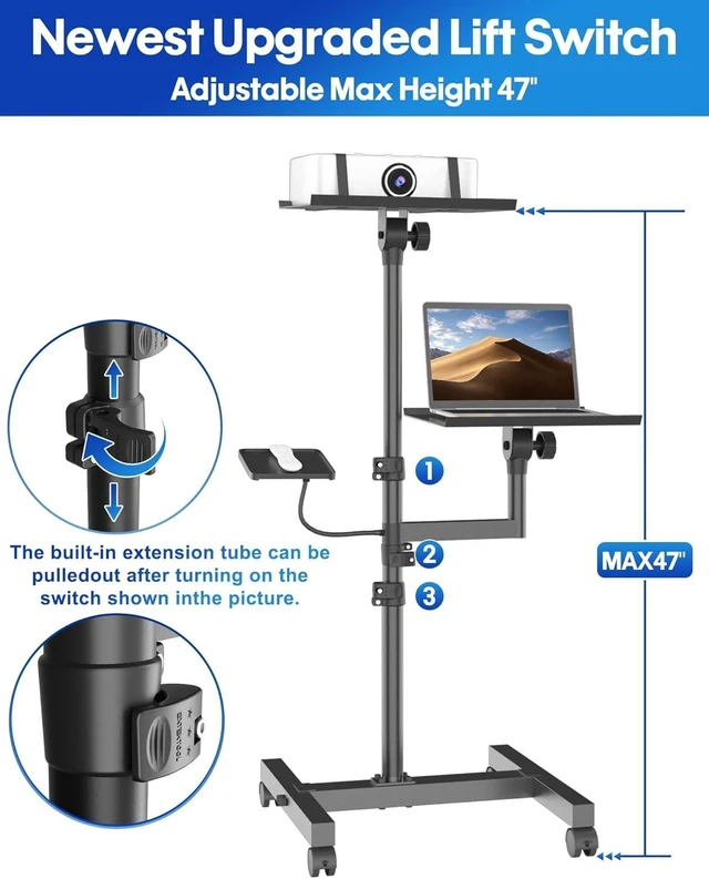 Alt view image 3 of 7 - Projector & Laptop Stand Tripod with 2 Shelves Max 47" Adjustable Laptop Cart on Wheels, Floor Stand with Ventilated Tray for Podium, Meeting & Couch