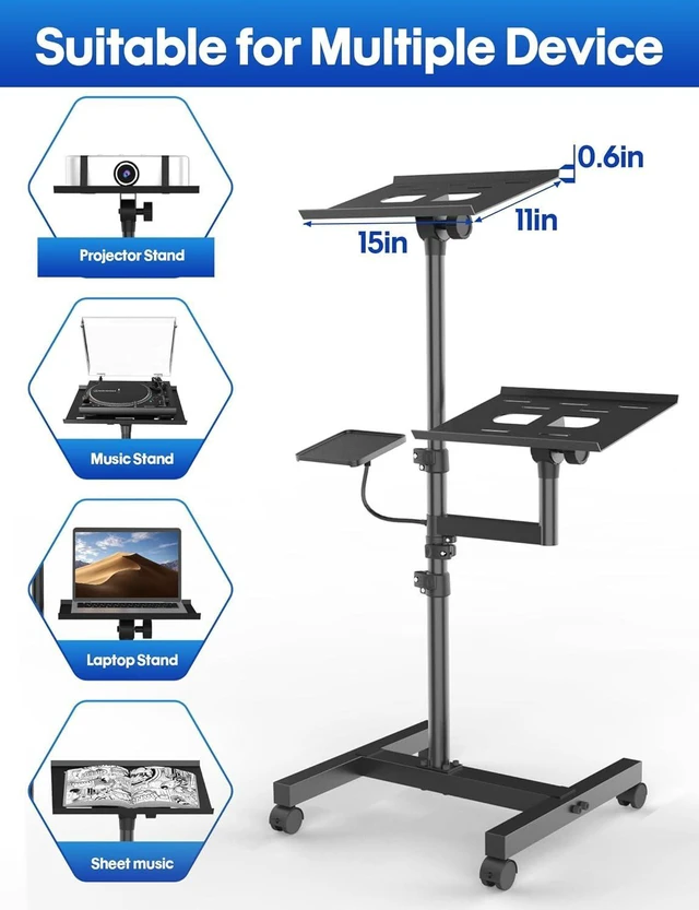Alt view image 6 of 7 - Projector & Laptop Stand Tripod with 2 Shelves Max 47" Adjustable Laptop Cart on Wheels, Floor Stand with Ventilated Tray for Podium, Meeting & Couch
