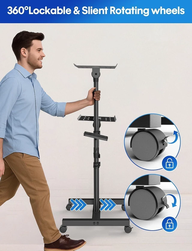 Alt view image 5 of 7 - Projector & Laptop Stand Tripod with 2 Shelves Max 47" Adjustable Laptop Cart on Wheels, Floor Stand with Ventilated Tray for Podium, Meeting & Couch