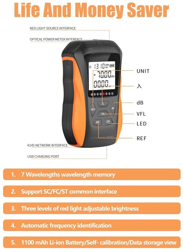 Alt view image 6 of 7 - Optical Power Meter with Visual Fault Locator & Cable Tester, Fiber Light Meter, Li-ion Battery USB Charge, FC/SC/ST Universal Interface