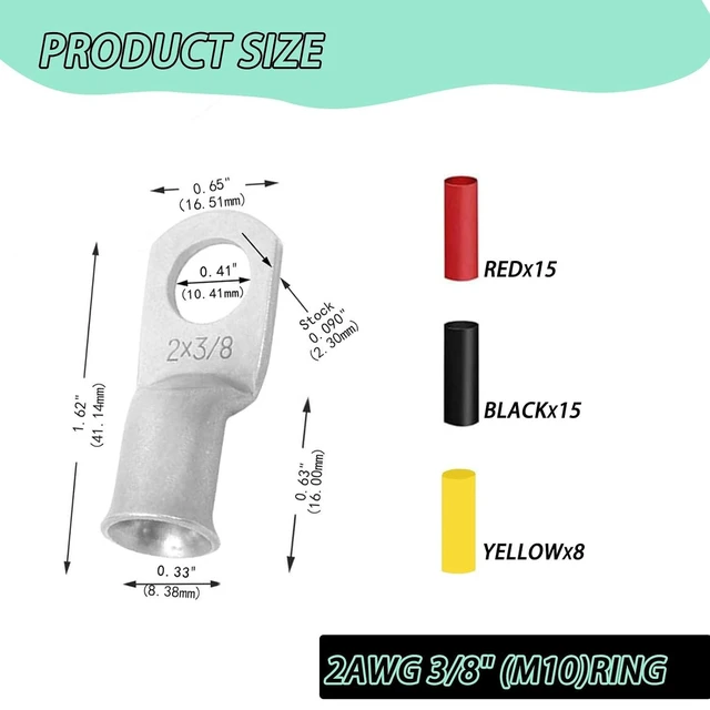 Alt view image 2 of 7 - 30Pcs 2 AWG - 3/8" (M10) Battery Lugs, Heavy Duty Tinned Copper 2 Gauge Ring Terminals & Cable Ends with 38Pcs 3:1 Heat Shrink Tubing for DIY Wiring