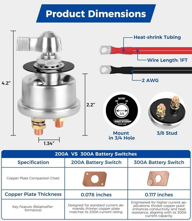 Alt view image 6 of 7 - 300A 12V/48V Battery Disconnect Switch 2GA Cable Side-Post Mount, High-Current Heavy-Duty Master Cut-Off for Car, Boat, RV, ATV, UTV