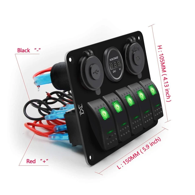 Alt view image 4 of 6 - Waterproof 5-Gang Rocker Switch Panel, Green, with QC3.0 USB & Type-C Socket, Cigarette Lighter & LED Voltmeter for Car, RV, Marine, Boat, Truck