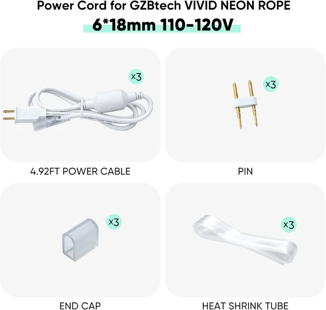 Alt view image 2 of 6 - 4.92FT Power Cord Connector Kit for 8*16mm LED Neon Rope Light Set of 3 with Pins, End Cap & Heat Shrink Tube
