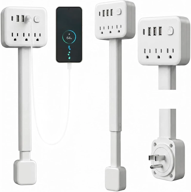 Main image of Outlet Extender Stick, 18-28" Extendable Power Strip with 180° Rotating Plug 3 AC Outlets, 2 USB-A + 1 USB-C, for Behind Couch, Sofa & Nightstand