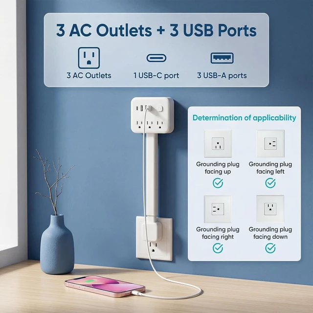 Alt view image 3 of 7 - Outlet Extender Stick, 18-28" Extendable Power Strip with 180° Rotating Plug 3 AC Outlets, 2 USB-A + 1 USB-C, for Behind Couch, Sofa & Nightstand