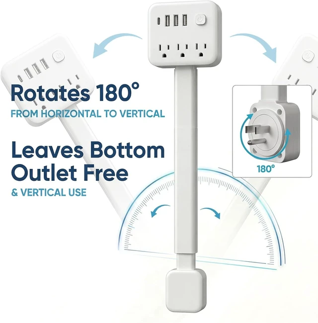 Alt view image 5 of 7 - Outlet Extender Stick, 18-28" Extendable Power Strip with 180° Rotating Plug 3 AC Outlets, 2 USB-A + 1 USB-C, for Behind Couch, Sofa & Nightstand