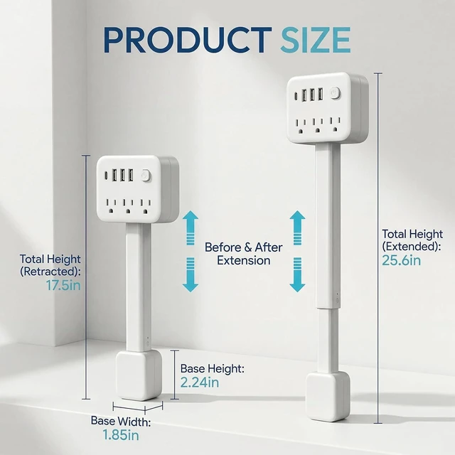 Alt view image 4 of 7 - Outlet Extender Stick, 18-28" Extendable Power Strip with 180° Rotating Plug 3 AC Outlets, 2 USB-A + 1 USB-C, for Behind Couch, Sofa & Nightstand