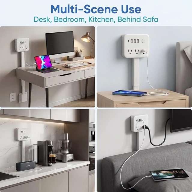 Alt view image 7 of 7 - Outlet Extender Stick, 18-28" Extendable Power Strip with 180° Rotating Plug 3 AC Outlets, 2 USB-A + 1 USB-C, for Behind Couch, Sofa & Nightstand