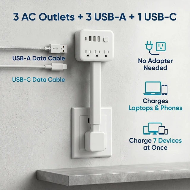 Alt view image 6 of 7 - Outlet Extender Stick, 18-28" Extendable Power Strip with 180° Rotating Plug 3 AC Outlets, 2 USB-A + 1 USB-C, for Behind Couch, Sofa & Nightstand