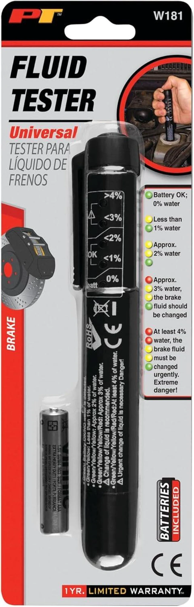 Alt view image 6 of 6 - W181 Brake Fluid Moisture Tester, 5 LED Readout, Calibrated for DOT 4, Portable with AAA Battery Included, Not for DOT 5