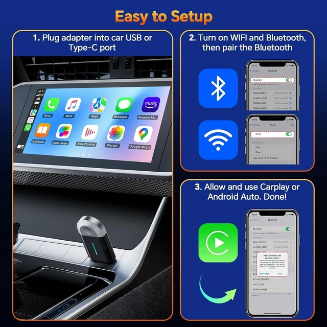 Alt view image 4 of 7 - 2-in-1 Wireless CarPlay Adapter for CarPlay & Android Auto, USB-A & USB-C Dongle Converts Wired to Wireless, Compatible with Cars 2016+, Plug & Play