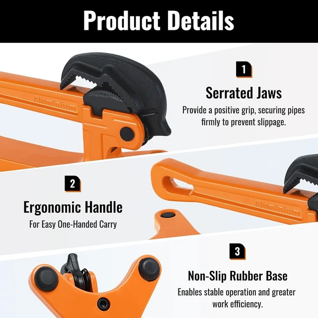 Alt view image 3 of 6 - Aluminum Lightweight Portable Pipe Vise for 1/8" to 1-1/2" Pipes, Non-Slip Serrated Clamp Jaw, Ideal for Plumbing Operations (Orange)