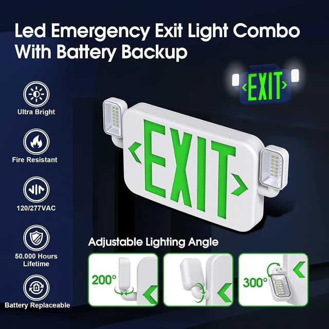 Alt view image 2 of 6 - LED Combo Emergency Exit Sign Light with Two Adjustable Head Lights & Backup Battery, US Standard Green Letter, UL 924, 120/277V (2 Pack)