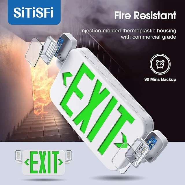 Alt view image 3 of 6 - LED Combo Emergency Exit Sign Light with Two Adjustable Head Lights & Backup Battery, US Standard Green Letter, UL 924, 120/277V (2 Pack)