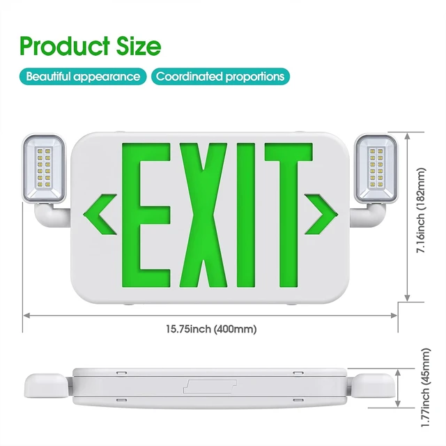 Alt view image 5 of 6 - LED Combo Emergency Exit Sign Light with Two Adjustable Head Lights & Backup Battery, US Standard Green Letter, UL 924, 120/277V (2 Pack)