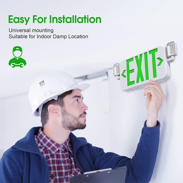 Alt view image 6 of 6 - LED Combo Emergency Exit Sign Light with Two Adjustable Head Lights & Backup Battery, US Standard Green Letter, UL 924, 120/277V (2 Pack)