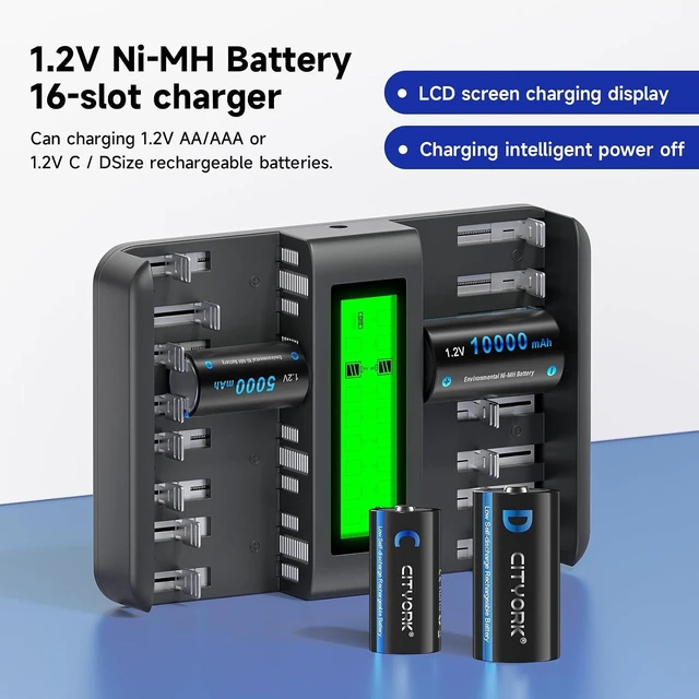 Alt view image 2 of 7 - 16-Bay AA AAA C D Universal Battery Charger Smart Large LCD Display, for 1.2V AA AAA C D Size NiMH/NiCD Rechargeable Batteries
