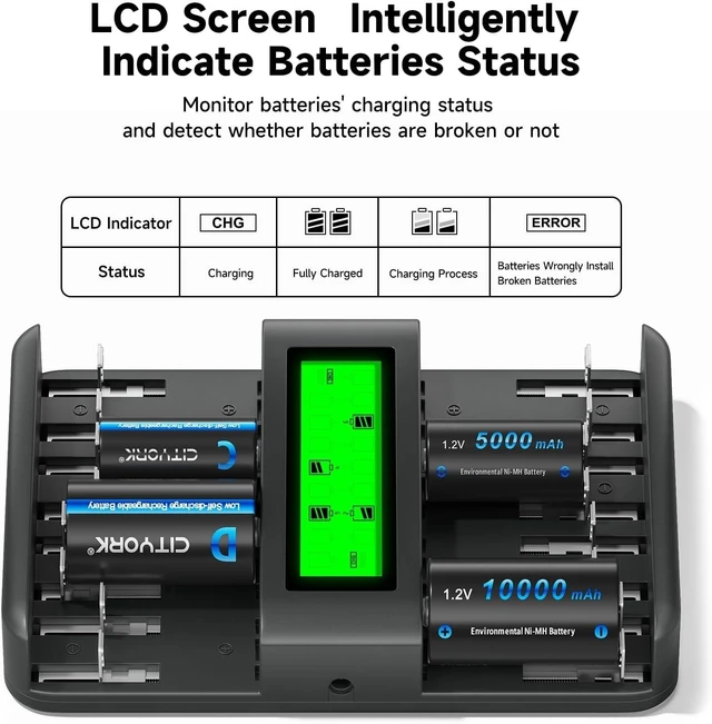 Alt view image 3 of 7 - 16-Bay AA AAA C D Universal Battery Charger Smart Large LCD Display, for 1.2V AA AAA C D Size NiMH/NiCD Rechargeable Batteries