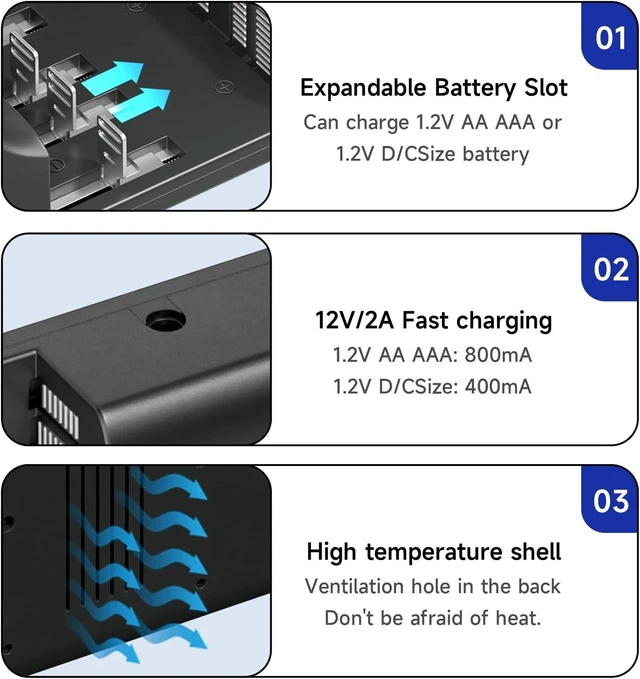 Alt view image 4 of 7 - 16-Bay AA AAA C D Universal Battery Charger Smart Large LCD Display, for 1.2V AA AAA C D Size NiMH/NiCD Rechargeable Batteries