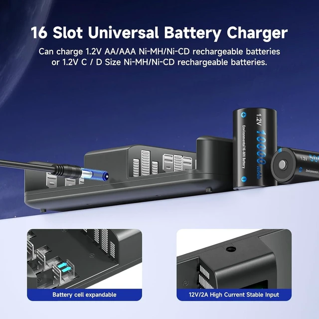 Alt view image 7 of 7 - 16-Bay AA AAA C D Universal Battery Charger Smart Large LCD Display, for 1.2V AA AAA C D Size NiMH/NiCD Rechargeable Batteries