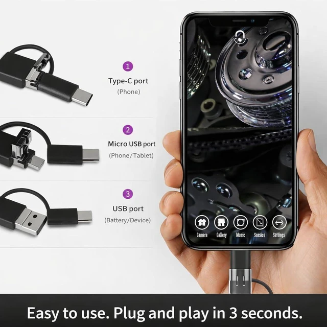 Alt view image 3 of 6 - 3-in-1 Endoscope Borescope Snake Camera Type-C USB Endoscope for Android Phone, 3.9mm Lens Inspection, 1280x720 Video Inspection Camera (5M)