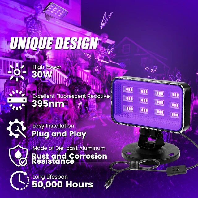 Alt view image 2 of 7 - 30W Black Lights for Glow Party, High Power LED Outdoor Blacklight Flood Light Plug-In IP66 Waterproof 395nm Spotlight for Halloween (2 Pack)