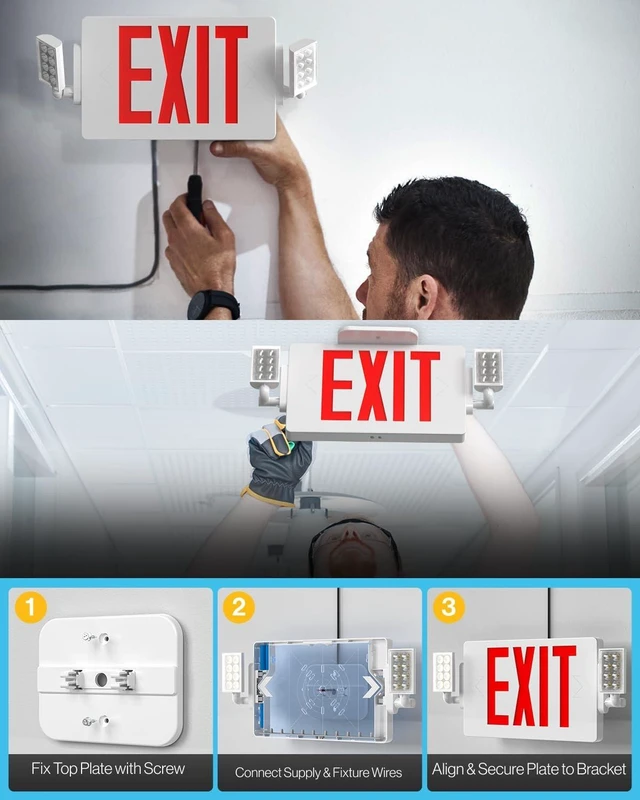 Alt view image 6 of 7 - Sunco 2-Pack Red Exit Signs with LED Emergency Lights & Backup Battery 120-277V Wall/Ceiling Mount, 90-Minute Battery, 94V-0 Fire-Resistant