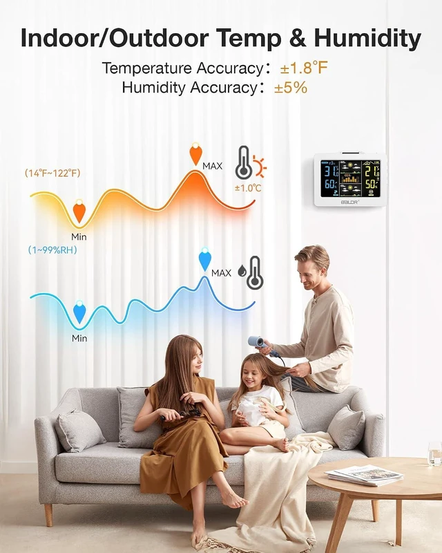 Alt view image 5 of 7 - Wireless Weather Station with Outdoor Sensor Indoor/Outdoor Thermometer & Hygrometer, HD Color Display, Smart Backlight, Rechargeable Battery