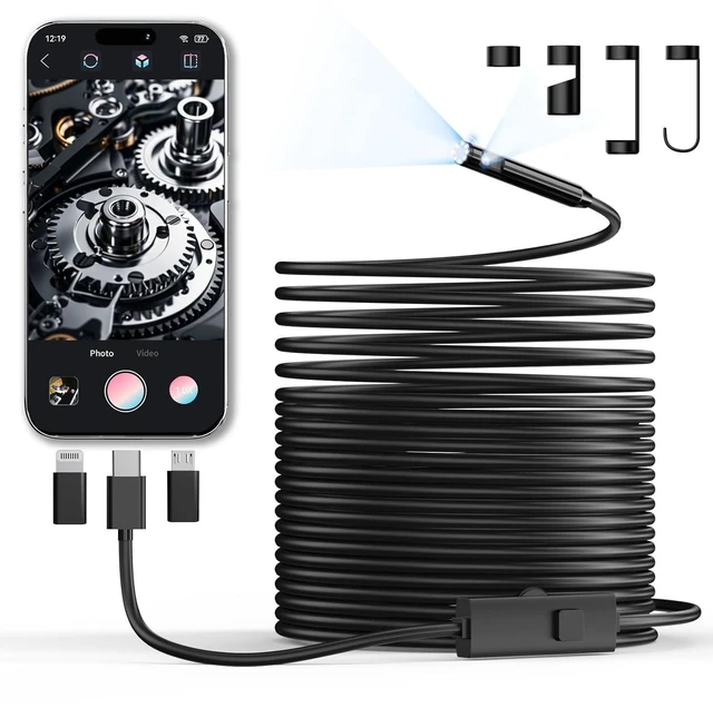 Main image of 1920P HD Endoscope Camera with Light, 8 Adjustable LEDs, IP67 Waterproof Semi-Rigid Snake Cable for Android, iPhone & iPad (32.8ft, Dual Lens)