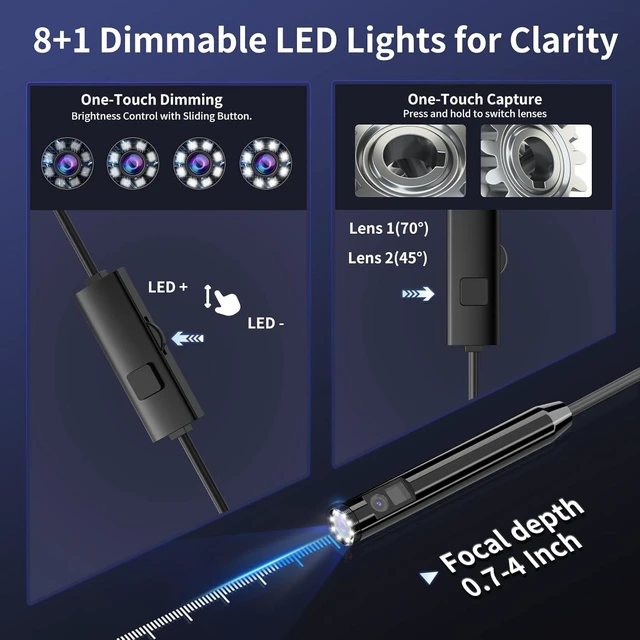 Alt view image 3 of 7 - 1920P HD Endoscope Camera with Light, 8 Adjustable LEDs, IP67 Waterproof Semi-Rigid Snake Cable for Android, iPhone & iPad (32.8ft, Dual Lens)
