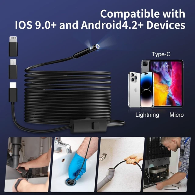 Alt view image 5 of 7 - 1920P HD Endoscope Camera with Light, 8 Adjustable LEDs, IP67 Waterproof Semi-Rigid Snake Cable for Android, iPhone & iPad (32.8ft, Dual Lens)