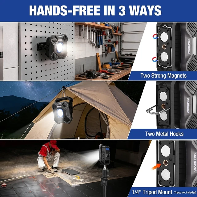 Alt view image 2 of 7 - 4000mAh Rechargeable Magnetic LED Work Light with Stand Portable 2000LM Flood Light, 5 Modes, for Camping, Fishing, Car Repair, Emergency & Job Site