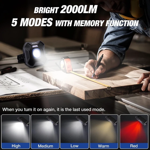 Alt view image 3 of 7 - 4000mAh Rechargeable Magnetic LED Work Light with Stand Portable 2000LM Flood Light, 5 Modes, for Camping, Fishing, Car Repair, Emergency & Job Site