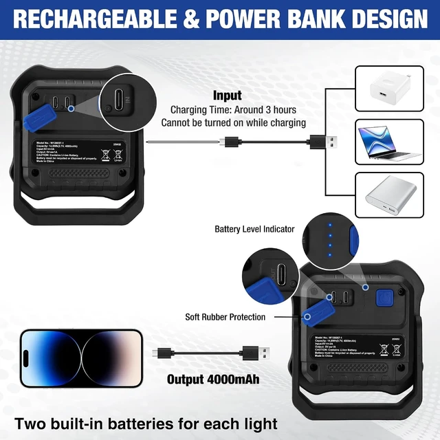 Alt view image 4 of 7 - 4000mAh Rechargeable Magnetic LED Work Light with Stand Portable 2000LM Flood Light, 5 Modes, for Camping, Fishing, Car Repair, Emergency & Job Site