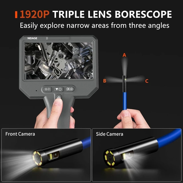 Alt view image 2 of 7 - Triple Lens 1920P HD Endoscope Camera with Light & 4.3" IPS Screen, IP67 Waterproof Snake Inspection Camera for Auto Mechanic & Plumbing, Gift for Men