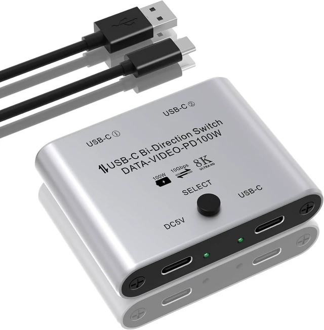 Main image of 8K USB-C Bi-Directional Switch for 2 Computers 8K@60Hz/4K@120Hz Video + 100W PD + 10Gbps Data, 1-in 2-Out / 2-in 1-Out Splitter with Power Cable