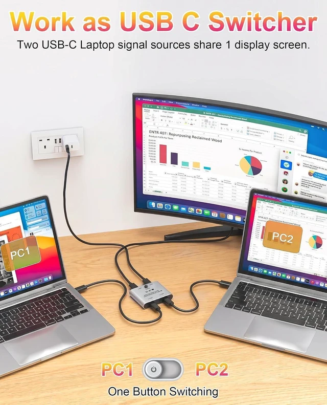 Alt view image 3 of 7 - 8K USB-C Bi-Directional Switch for 2 Computers 8K@60Hz/4K@120Hz Video + 100W PD + 10Gbps Data, 1-in 2-Out / 2-in 1-Out Splitter with Power Cable