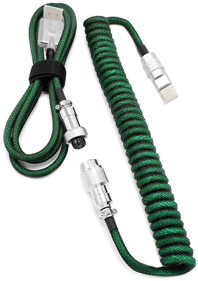 Main image of 5ft Custom Coiled Keyboard Cable, USB-C GX-16 Aviator, Detachable Connector, USB-A to USB-C, Dark Green