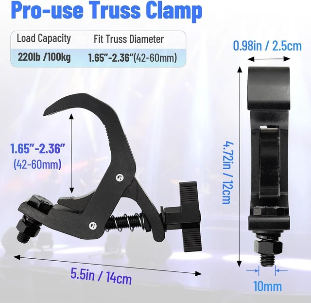 Alt view image 3 of 7 - 4 Pack 1.65-2.36 Inch Aluminum Truss Clamp Heavy Duty 220lb Stage Light C-Clamp for OD 42-60mm Pipes, DJ Light Clamps for Par & Moving Head, Black