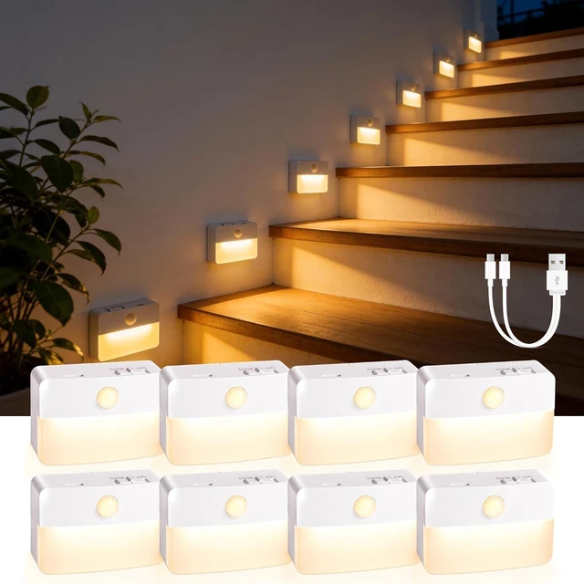 Main image of 8-Pack Rechargeable Motion Sensor Stair Lights for Indoor, Wireless Battery Night Light, Magnetic LED Stick-On Portable Lamp for Step, Hallway, Closet, Under Cabinet, Bedroom, Kitchen, Bathroom