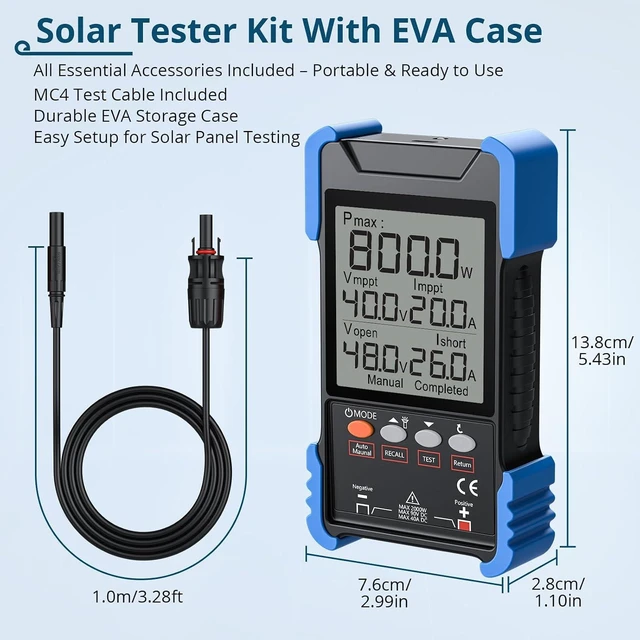 Alt view image 3 of 7 - 2000W MPPT Solar Panel Tester Solar Power Meter PV Tester (Voc/Isc) with LCD Display, Portable Photovoltaic Multimeter, MC4 Compatible for RV & Home